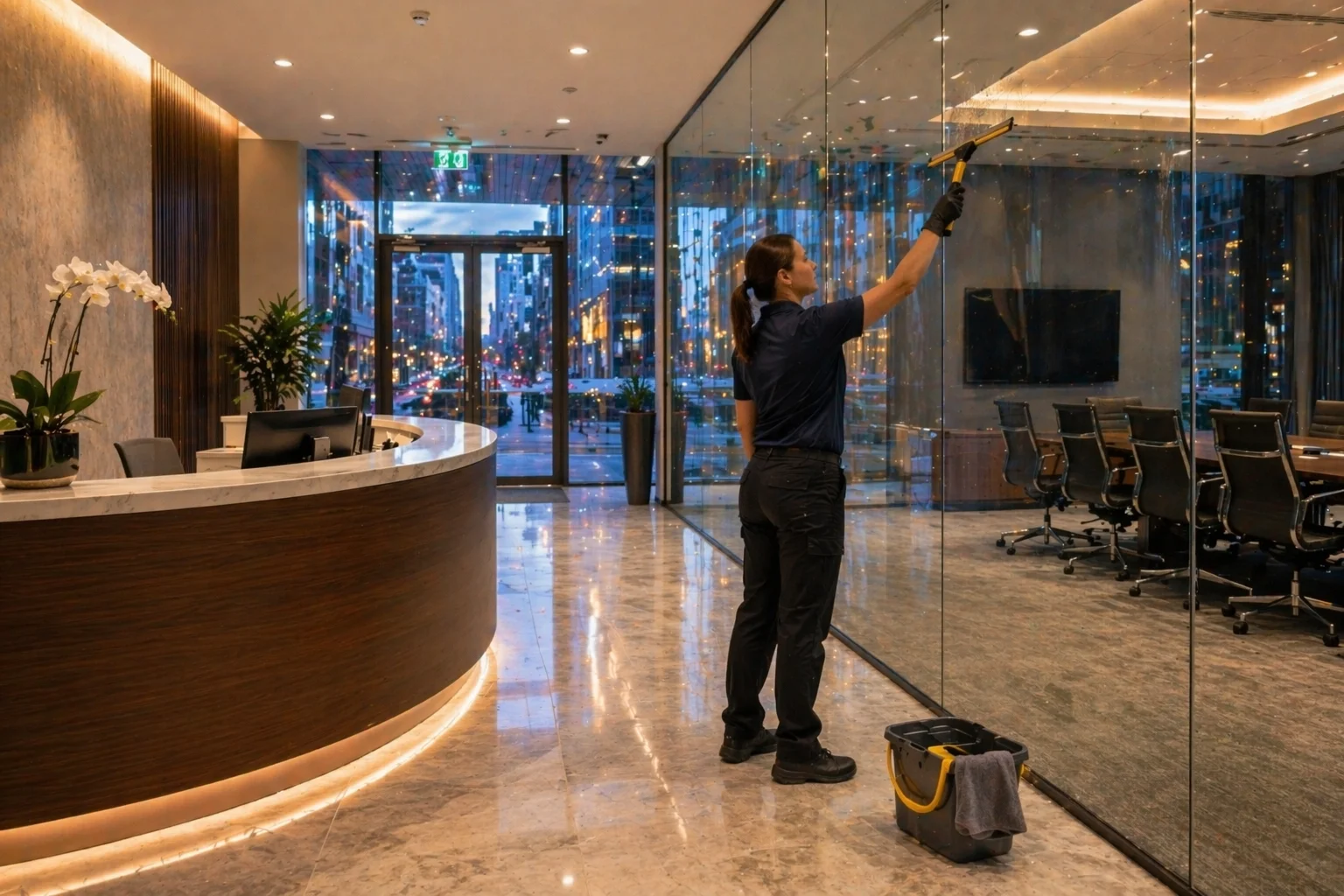Reception and glass detail cleaning in a Toronto office