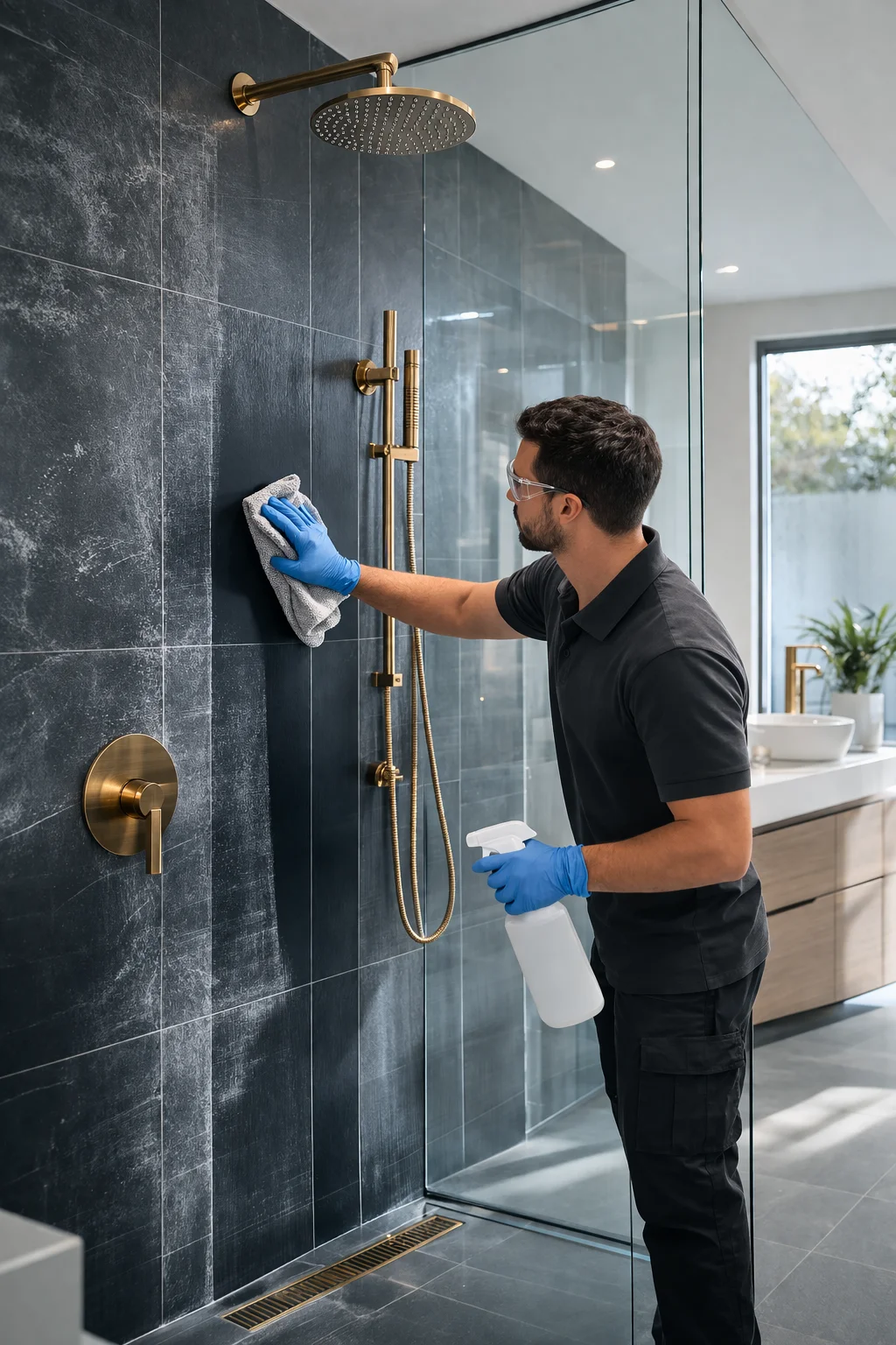 Bathroom post-renovation cleaning in a Toronto property with tile, glass, and fixture detailing