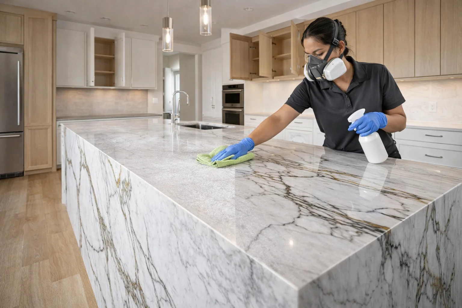 Kitchen post-renovation cleaning in Toronto with detailed cabinet, counter, and surface dust removal