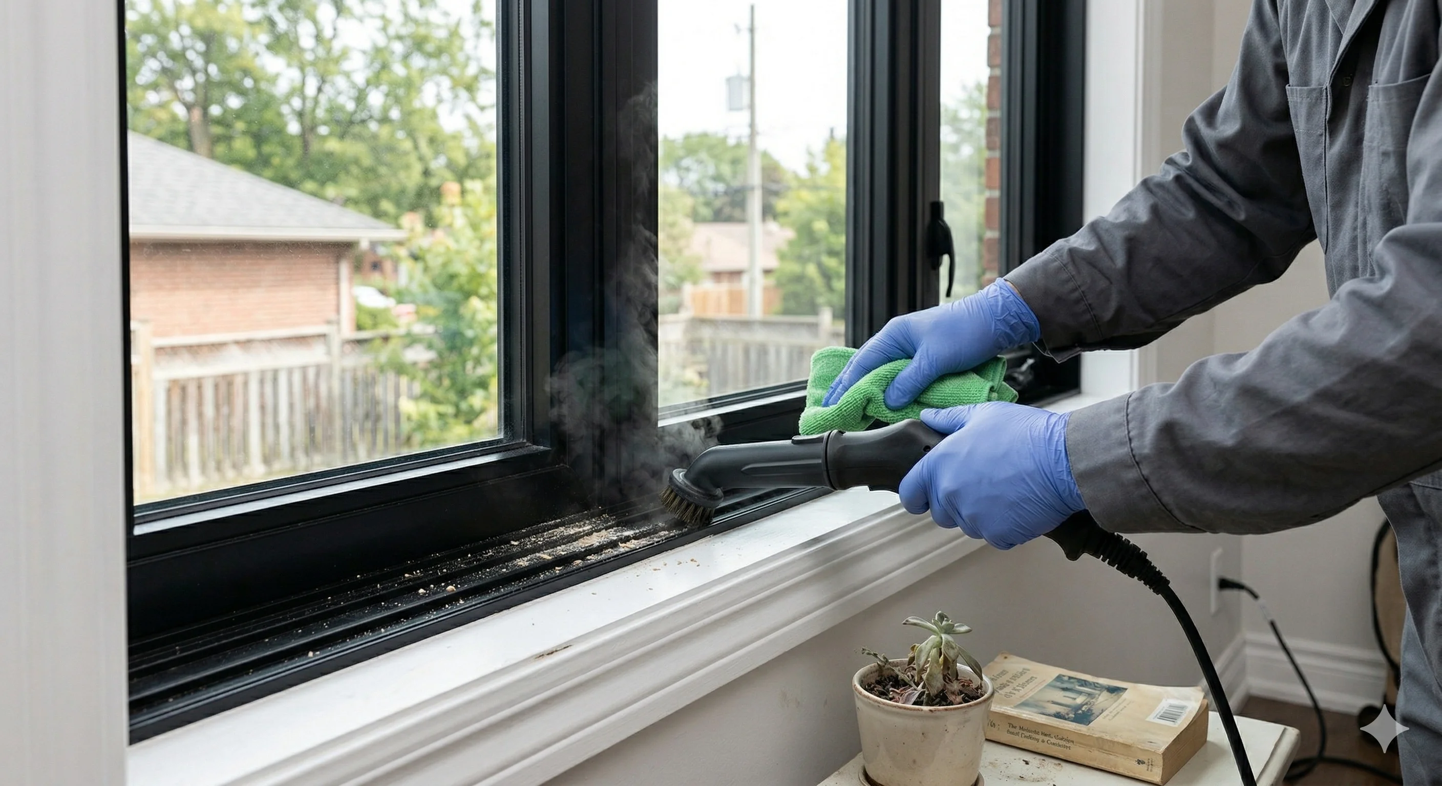 Window track, trim, and edge cleaning during post-renovation cleaning in Toronto