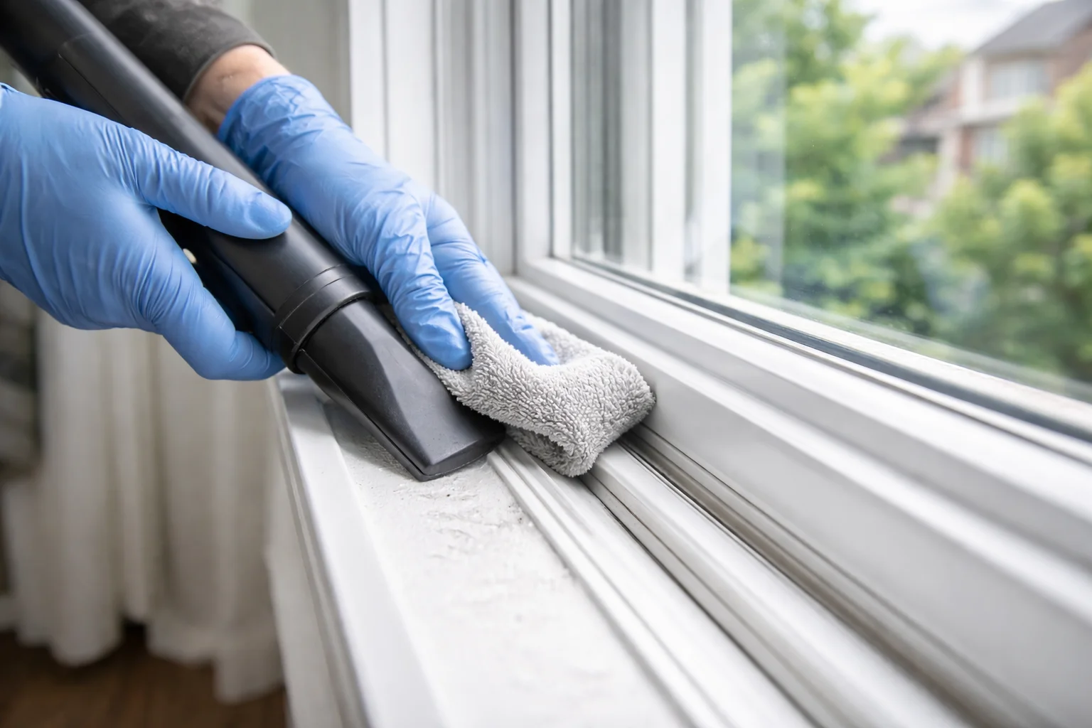 Interior window track and edge cleaning during deep residential cleaning in a Toronto home