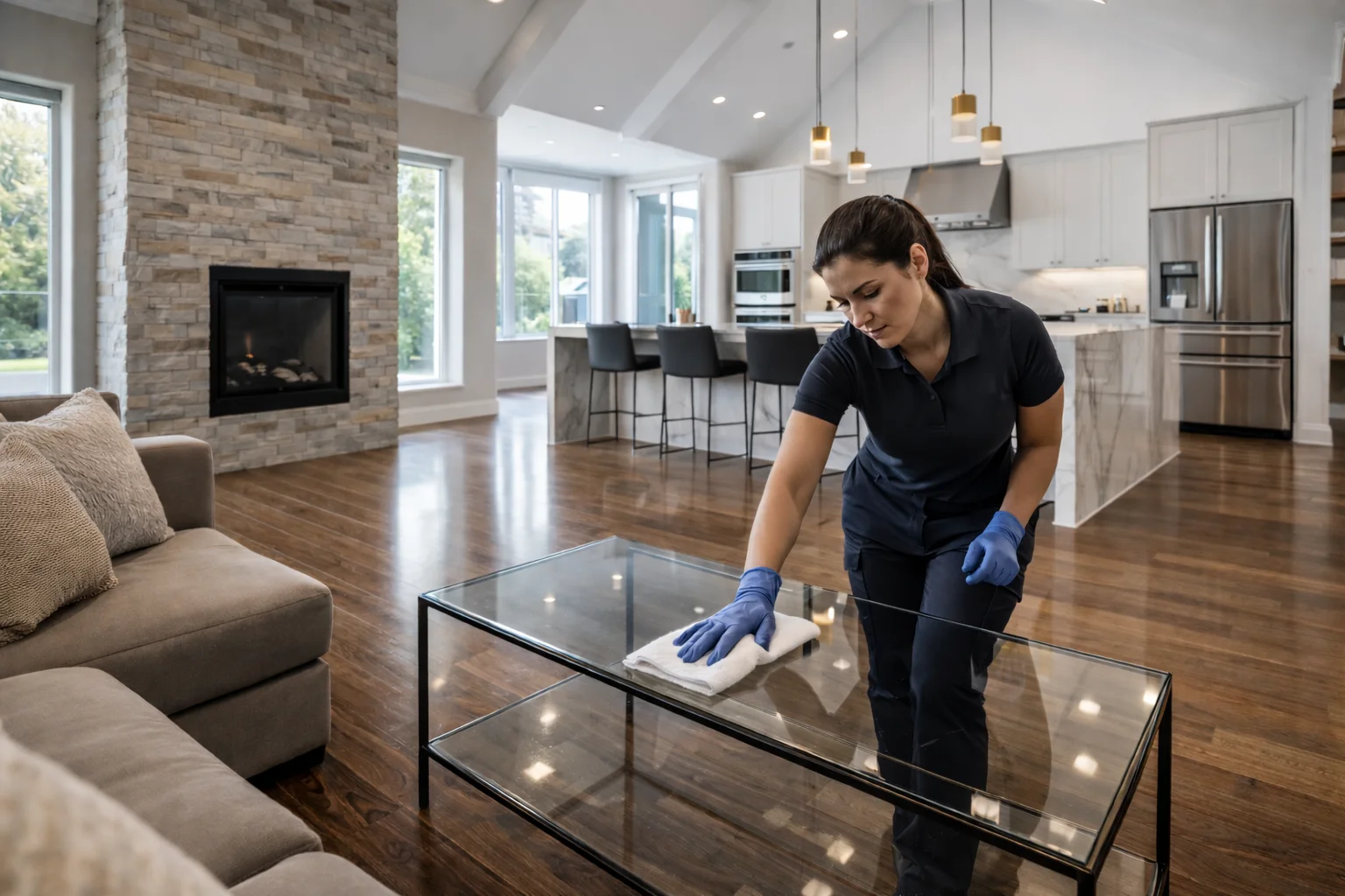 Thorough deep house cleaning of a spacious living room and kitchen in Waterdown.