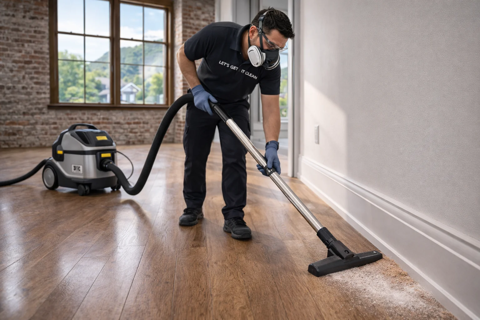Technician executing a post-renovation deep clean using HEPA vacuums in a new Waterdown subdivision.