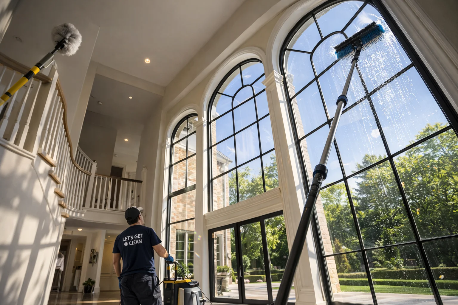 Boutique window and chandelier detailing in a Toronto mansion with high ceilings.